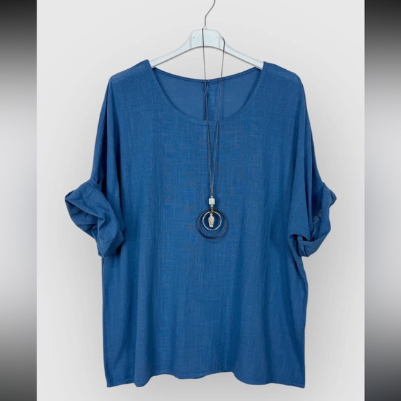 Made in Italy Cotton Linen Tunic Top With Necklace - Picture 1 of 2